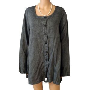 Flax Women's Size Medium 100% Linen Button Down Long Sleeve Oversized Green Top